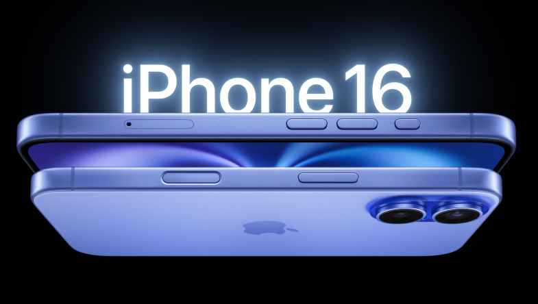 两款群青色 iPhone 16 机型，展示侧面外观、侧边按钮、凸起的双摄系统。.jpg